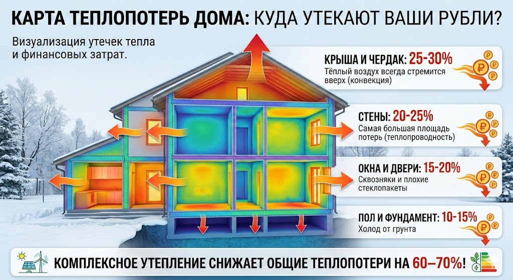 Инфографика «Карта теплопотерь дома: куда утекают ваши рубли?». Проценты потерь тепла: крыша и чердак (25–30%), стены (20–25%), окна и двери (15–20%), пол и фундамент (10–15%).