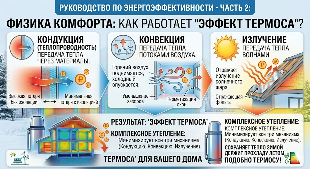 Инфографика «Физика комфорта: как работает эффект термоса?». Изображение разделено на три панели, объясняющие механизмы теплопередачи.