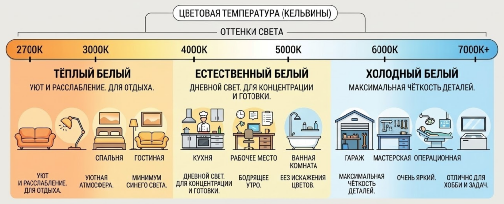 Температура освещения по шкале Кельвина от 2700K до 7000K+ для дома. Тёплый свет для уюта (спальня), естественный для кухни, холодный для работы.