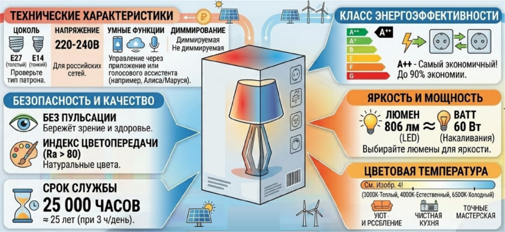 Как читать упаковку LED-лампы: Люмены vs Ватты, класс A++, срок службы (25000ч), типы цоколей (E27, E14), безопасность.